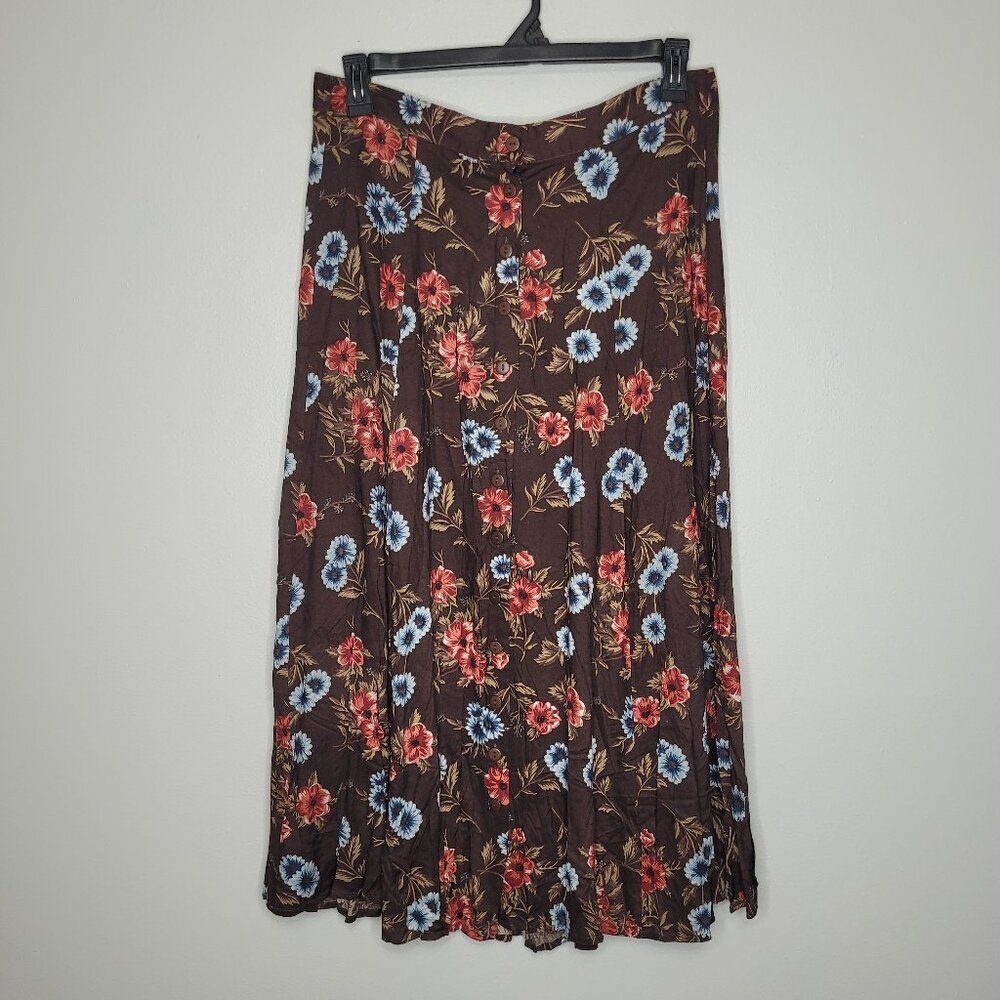 Vintage y2k Honor brown blue button front floral a line full maxi midi skirt 22w